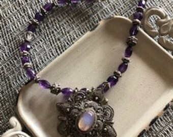 Vintage Boho Amethyst Silver Filigree Pendant Necklace, 18"