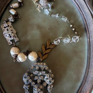 Vintage Rhinestone Assemblage Necklace, Rhinestone and Pearl Necklace, Vintage Rhinestone Buckle Necklace, Clear Rhinestone Pearl Necklace