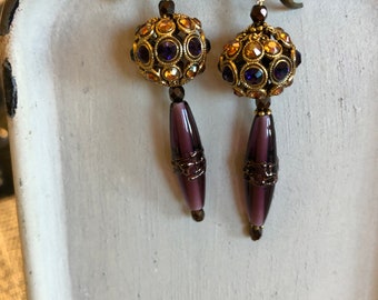 Purple and Gold Swarovski Crystal Dangle Drop Earrings,  Purple Dangle Earrings, Swarovski Purple Earrings, Bridal Wedding Earrings