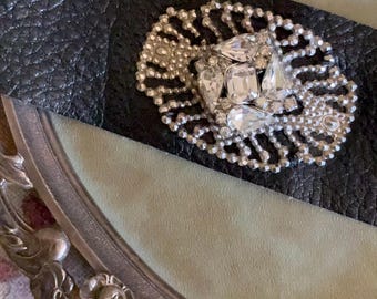 Black Leather Cuff Bracelet with Vintage Rhinestone Buckle