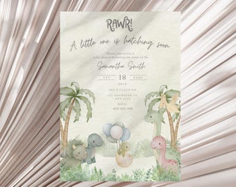 Faire-part de baby shower dinosaure, invitation à éclore bientôt, modèle de toile modifiable oeuf de dinosaure bébé, mobile de douche de couples Evite 024