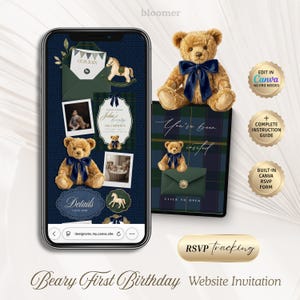 May include: A digital birthday invitation template displayed on a smartphone and a tablet, featuring a teddy bear with a navy blue bow, a rocking horse, and a dark green and navy plaid pattern. The text includes "John's First Birthday," "Details," and "You've been invited."