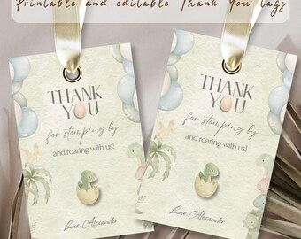 May include: Two printable thank you tags with a light green background, featuring watercolor illustrations of dinosaurs, balloons, and palm trees. The tags have the text "THANK YOU" and "for stomping by and roaring with us!"