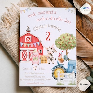 May include: A rectangular birthday invitation card featuring a red barn, a pig, a cow, and a rooster with party hats. The text reads oink, moo and a cock-a-doodle-doo, Olivia is turning 2, October 17, 3pm, The Wilson's residence, Any street 123, any city.