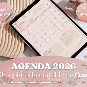 Puede incluir: Una tableta muestra una agenda digital para enero de 2026, con un diseño de colores suaves y neutros, adornado con motivos florales. El texto incluye "Agenda 2026" y "PDF + plantilla editable en Canva".