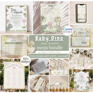 Mega Paquete de Decoración para Baby Shower de Niña con Dinosaurios, Globos Rosas y Dinosaurios, Plantillas Editables de Canva, Kit Completo Todo en Uno, Descarga Instantánea 035