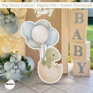 Babyshower-dinosaurieutklipp, pojke som snart kläcks festdekor, dinosaurier med blå ballonger som tema, födelsedagsfest, digital nedladdning av stårekvisita - 024