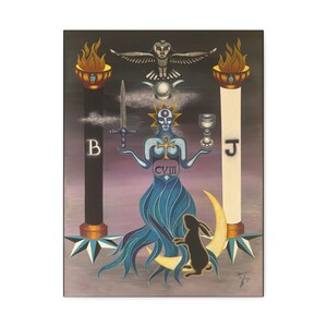 May include: A tarot card print featuring a central figure with a sun-like crown, holding a sword and chalice. Two pillars flank the figure, one black with a "B" and the other white with a "J". An owl and a black rabbit are also depicted.