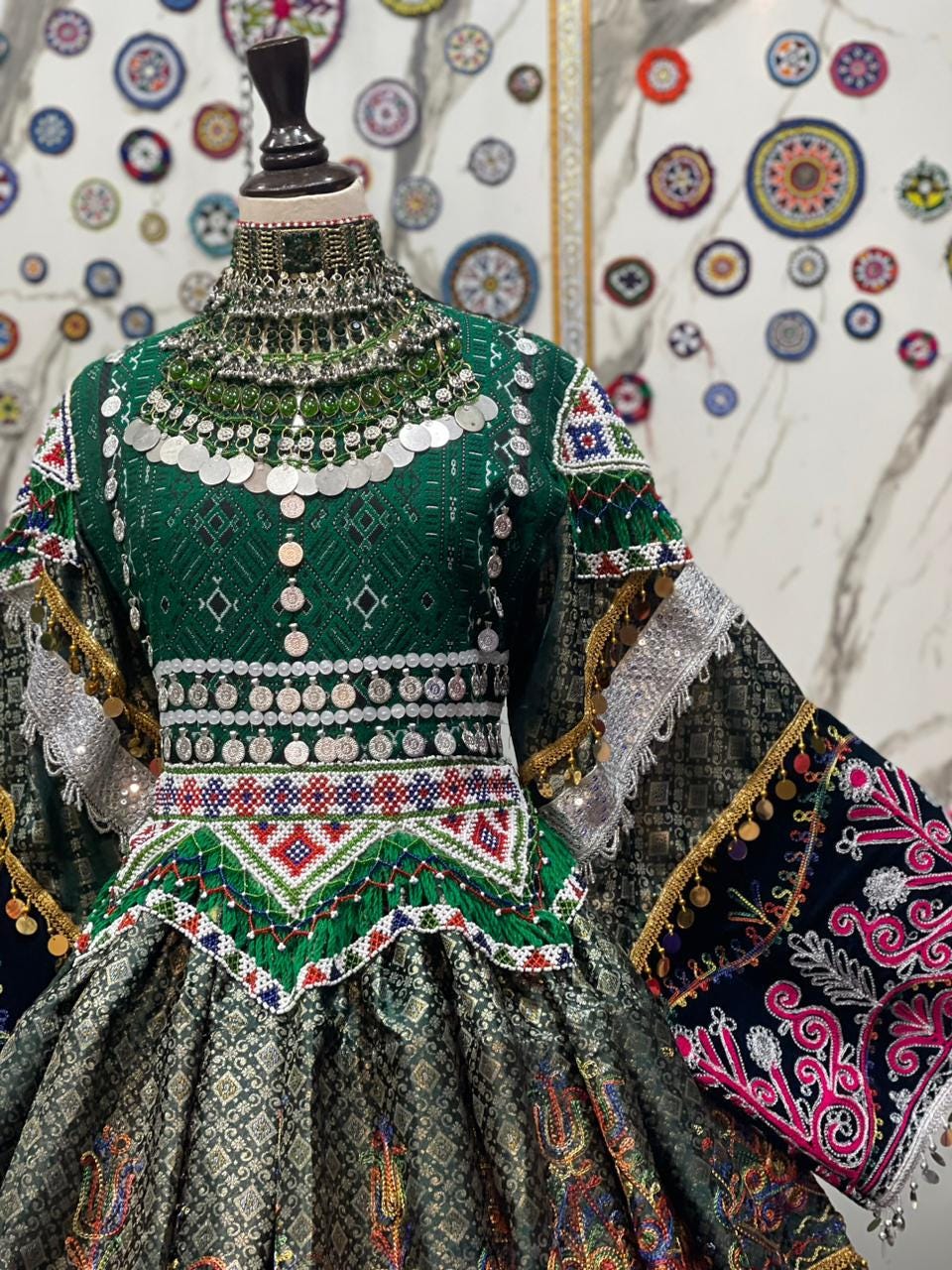 green balochi dress Handmade Balochi Dress, Vintage Floral Embroidery, Ethnic Bohemian Style