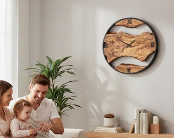 Olive Wood Metal Frame Clock, Rustic Live Edge Timepiece, Farmhouse Home Decor