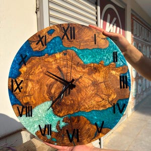 Blue Resin Wall Clock, Olive Wood Ocean Epoxy Art, Large Coastal Home Decor, Silent Roman Numeral Timepiece, Housewarming Gift