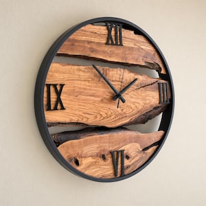 Olive Wood Wall Clock, Live Edge Metal Frame, Modern Farmhouse Decor