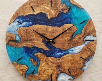 Custom Resin & Olive Wood Wall Clock, Made to Order Live Edge Epoxy Clock, Rustic Olive Wood Wall Art Gift
