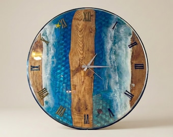 May include: A round wall clock featuring a central vertical slab of natural wood grain flanked by blue and white resin sections that mimic ocean waves. The clock face displays black Roman numerals and silver hands, with a small yellow starfish.
