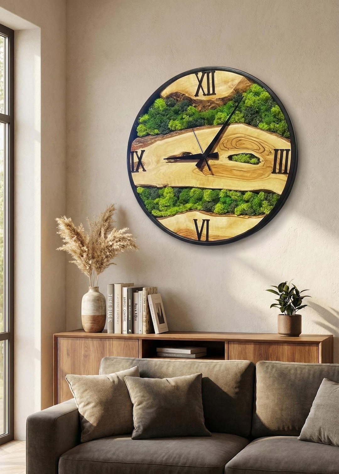 Handmade Olive Wood & Moss Wall Clock – Rustic Modern Decor - Etsy