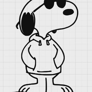 Könnte beinhalten: Schwarz-Weiß-Illustration von Snoopy mit Sonnenbrille und Kapuzenpullover. Der Zeichentrickhund steht mit den Händen in den Taschen. Das Bild ist eine einfache Strichzeichnung auf kariertem Hintergrund.