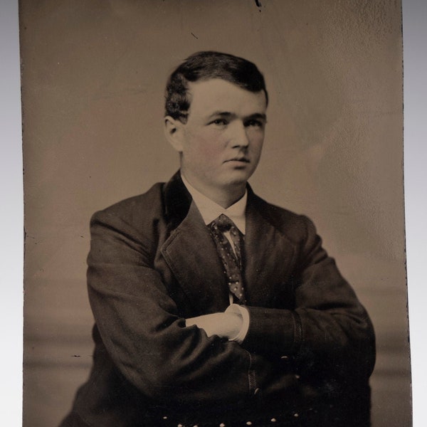 Victorian TinType studio photograph portrait of a young man 1/6 plate hand painted