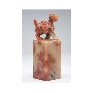 Vintage Chinese Chop Shoushan Chop Horse large Chop hand carved wild horse fine detail Carving Seal Stamp original silk fabric box
