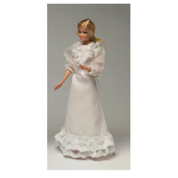 Vintage Barbie Doll Clothes 1970's Barbie 1970's mod Wedding crepe dress with lace ruffles