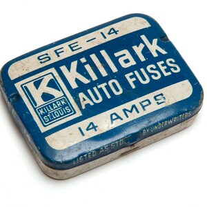 Vintage Tin Killark Auto Fuses Advertising lithographed small pocket size tin St Louis 1950s