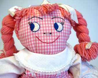 Vintage rag doll Raggedy Ann like hand made stocking doll, (or rag doll) pink gingham, one of a kind.