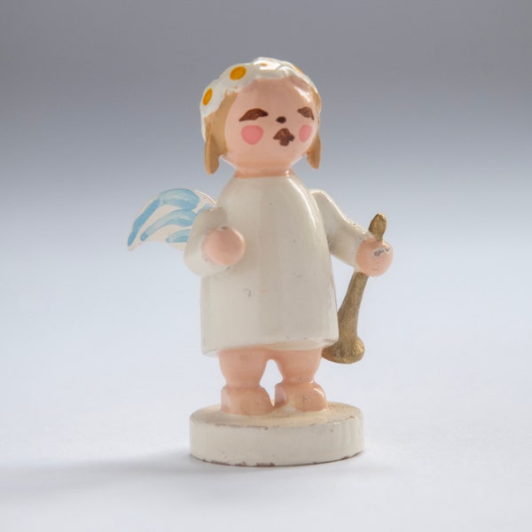 Vintage Marguerite angel with Christmas Horn Wendt and Kühn Erzgebirge wooden folk art angel hand painted made in Germany