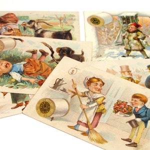 Cartes à collectionner vintage J&P Coats victorien 6 cartes à collectionner faisant de la publicité pour les meilleurs six fils de corde pour main et machine 1890