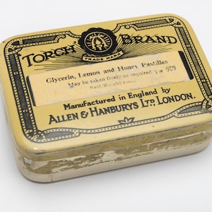 Vintage Torch Brand Throat Pastilles Tin: London Advertising Litho