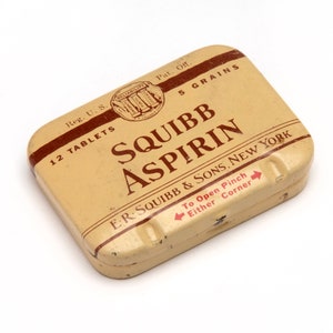 Vintage SQUIBB Aspirin Tin: 1940s Pocket Hinged Tin