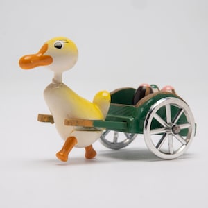 Vintage GOULA hand made wood folk art Easter Duck with cart of Easter eggs Goula hand painted made in Spain