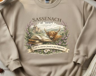 Sassenach at Heart Shirt, Scottish Book Lover Tee, Outlander Fan Gift, Highland Cow Literary Shirt, Romantic Scotland Graphic Tee
