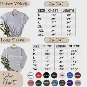 May include: A grey V-neck t-shirt and a grey long-sleeve shirt with size charts displaying chest, length, and sleeve measurements in inches. A color chart shows sixteen circular color swatches with labels including white, red, black, navy, and heather.