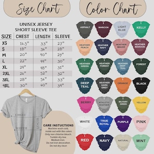 May include: A size chart and color chart for a unisex jersey short sleeve tee. The size chart lists measurements in inches for sizes XS to 4XL. The color chart displays 32 color options with names. A grey t-shirt shows chest and length measurements.