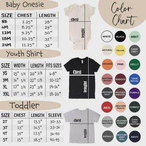 May include: A size and color chart for baby onesies, youth shirts, and toddler shirts. It includes tables with chest, length, and sleeve measurements in inches, illustrations of three shirts with dimension lines, and a color palette of 24 circles.