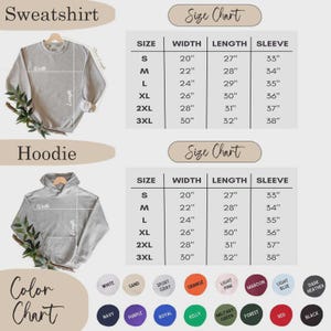 May include: A grey sweatshirt and hoodie size chart with measurements in inches for sizes S through 3XL. The image includes a color chart displaying circles in white, sand, sport gray, orange, light pink, maroon, light blue, dark heather, navy, purple, royal, kelly, military green, forest, red, and black.