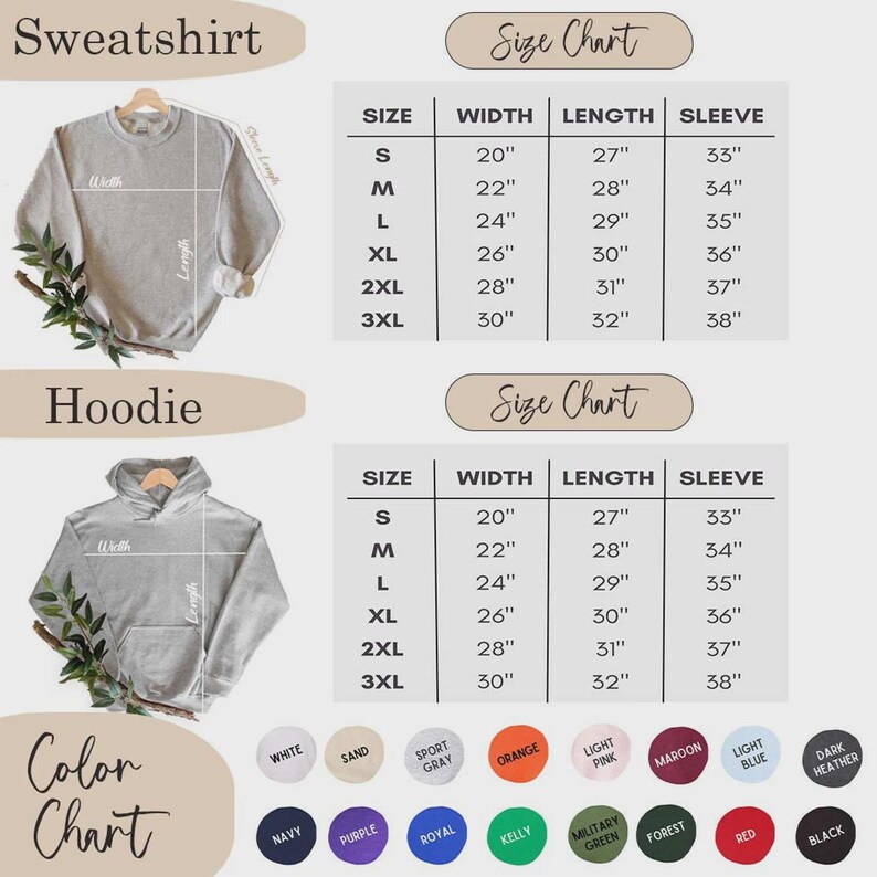 May include: A grey sweatshirt and hoodie size chart with measurements in inches for sizes S through 3XL. The image includes a color chart displaying circles in white, sand, sport gray, orange, light pink, maroon, light blue, dark heather, navy, purple, royal, kelly, military green, forest, red, and black.