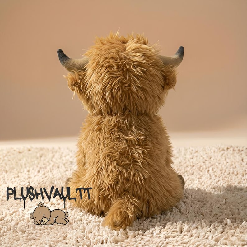 Fluffy brown Highland cow plushie sitting on a soft rug. Cute Scottish cow stuffed animal with long shaggy hair and horns.