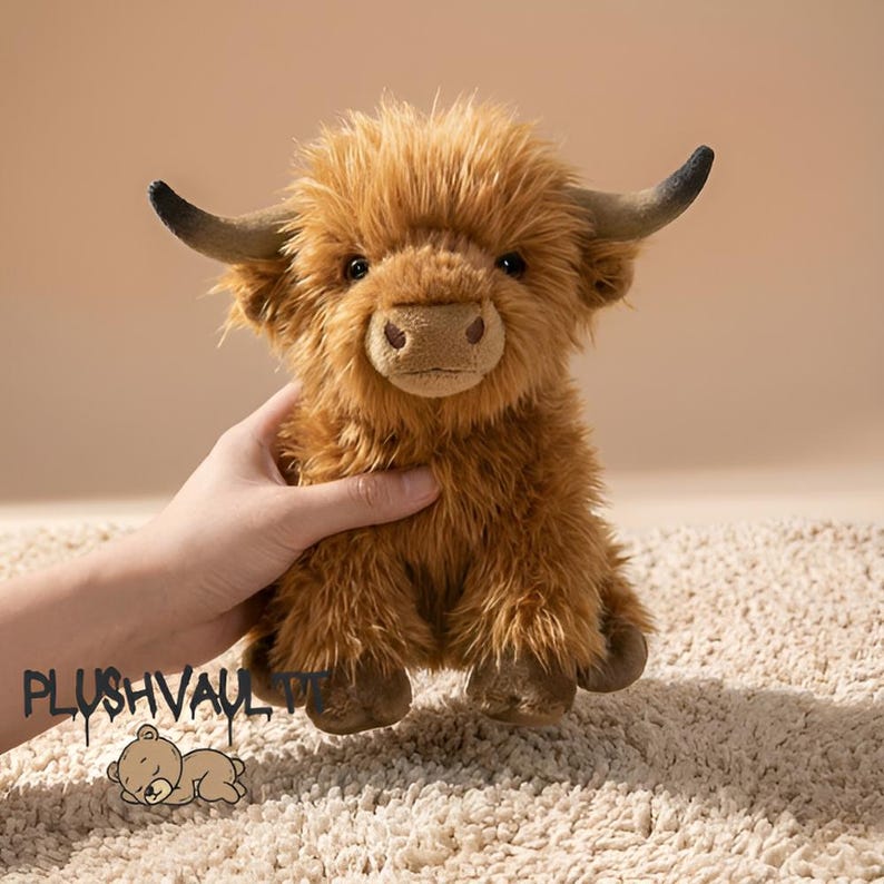 Fluffy brown Highland cow plushie sitting on a soft rug. Cute Scottish cow stuffed animal with long shaggy hair and horns.