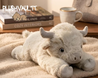 Realistic Highland Cow Plush | Fluffy Lying Down Calf Stuffed Animal | Neutral Nursery Decor | Boho Farmhouse Plushie | Gift 40cm