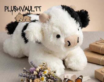 Fluffy Black and White Cow Plush | Lying Down Calf Stuffed Animal | Cottagecore Room Decor | Farmhouse Nursery Gift | Floppy Plushie 34cm