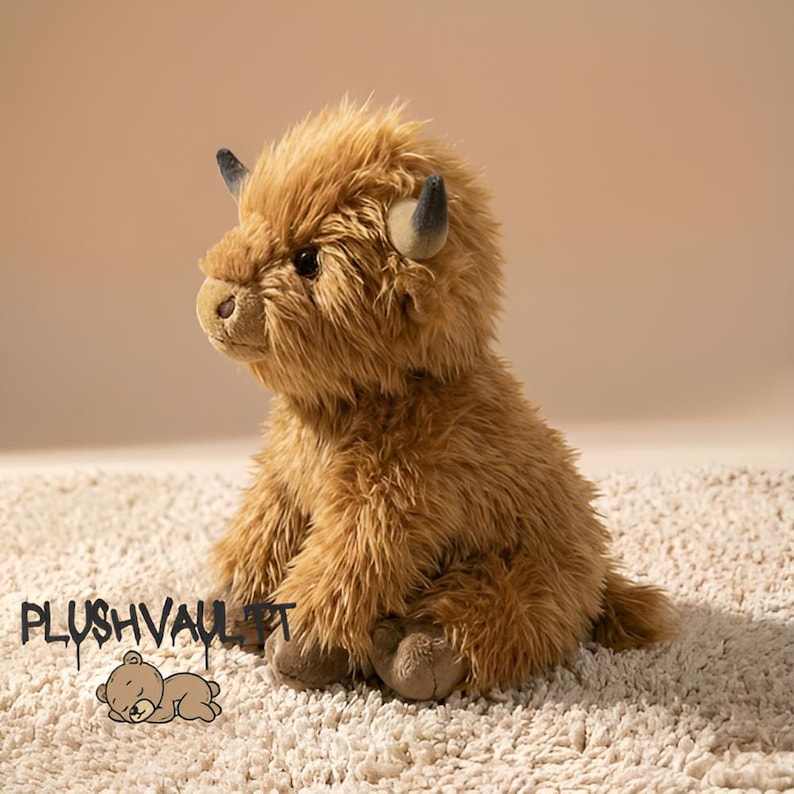 Fluffy brown Highland cow plushie sitting on a soft rug. Cute Scottish cow stuffed animal with long shaggy hair and horns.
