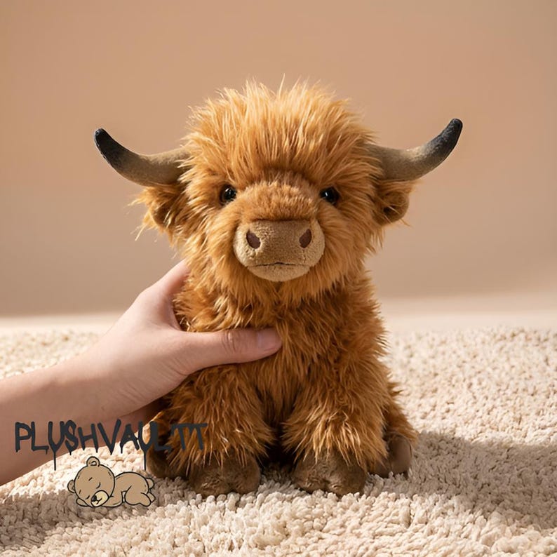 Fluffy brown Highland cow plushie sitting on a soft rug. Cute Scottish cow stuffed animal with long shaggy hair and horns.