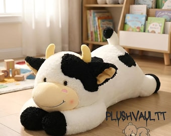 Giant 90cm Long Cow Plush Pillow • Strawberry Pink & Chocolate Brown Cow • Soft Body Pillow • Kawaii Room Decor • Cute Stuffed Animal Gift