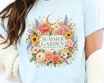 Summer Garden Shirt, Celestial Botanical Tee, Summer Floral Gift, Floral Wreath Tee, Comfort Colors Tee, Seasonal Garden Collection
