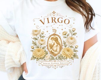 Virgo Zodiac Shirt, Celestial Botanical Tee, Chrysanthemum Gift, Astrology Tee, Comfort Colors Tee, Zodiac Garden Society
