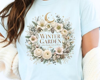 Winter Garden Shirt, Celestial Botanical Tee, Winter Floral Gift, Frosted Wreath Tee, Comfort Colors Tee, Seasonal Garden Collection