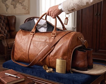 Personalized Duffel Bag for Men, Leather Garment Bag, Weekender Travel Bag, Mens Suit Carry On, Embroidered Gift for Him