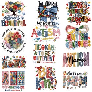 Puede incluir: Una colección de diseños coloridos de estilo patchwork con texto relacionado con la concienciación sobre el autismo. Los diseños incluyen frases como "Different is Beautiful", "We Wear Blue" y "Love Needs No Words". Las imágenes presentan piezas de rompecabezas, lazos y corazones.