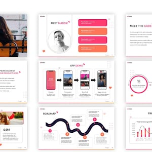 May include: A presentation deck with the title "Investor Deck" and various slides. The slides include the text "Meet Maddie", "App Demo", "Our Traction", "Roadmap", and "Financial Projections". The color scheme is primarily white, pink, and orange.