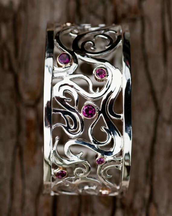 Current Cuff with Rhodolite Garnet set in 14k gold by Marina Kessler